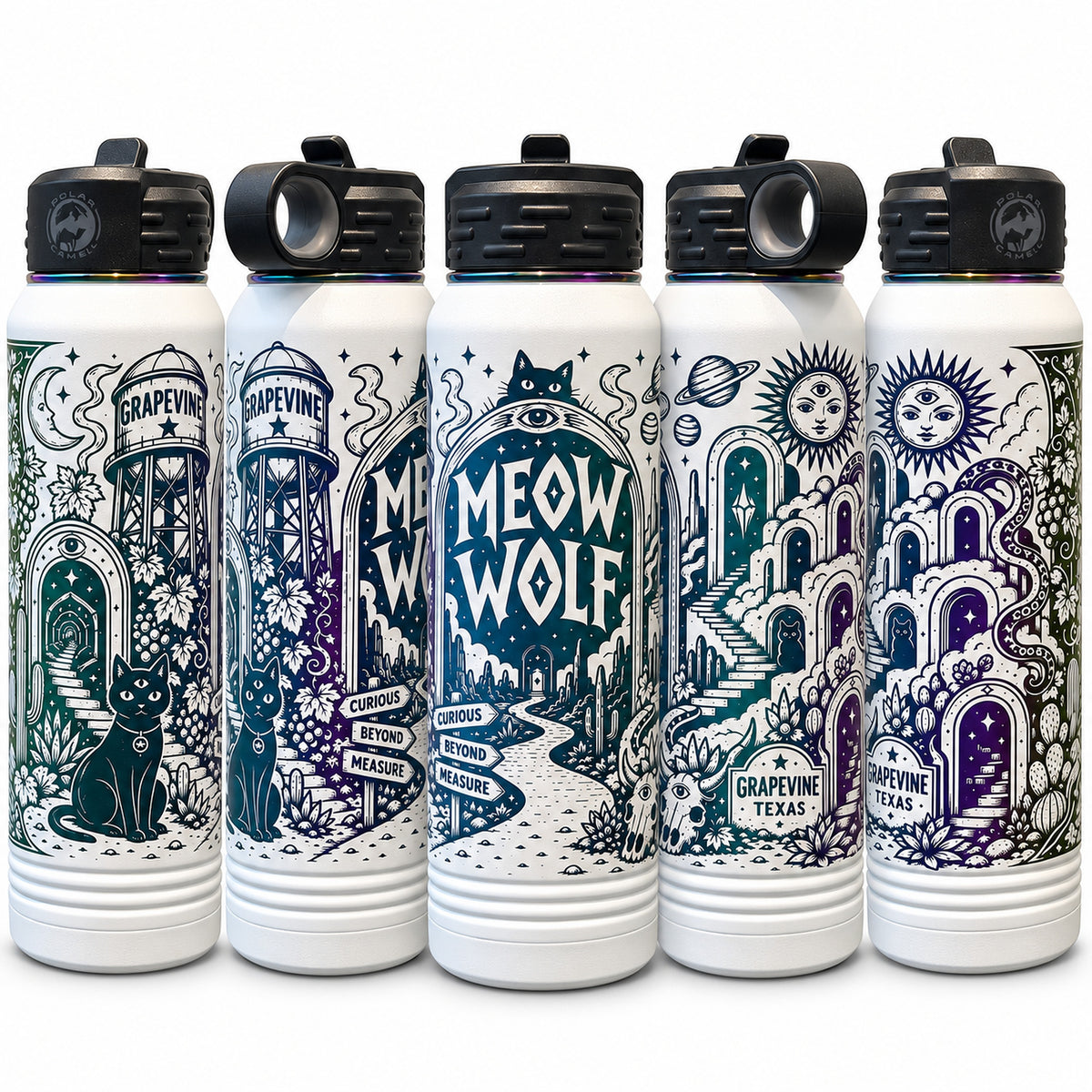 Five views of a white bottle with a full-wrap laser engraving of Meow Wolf lettering, the Grapevine Texas water tower, a black cat, surreal arches and a celestial sun
