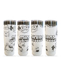 Four views of a white tumbler laser engraved with a full-wrap Minions design, shown on a white background