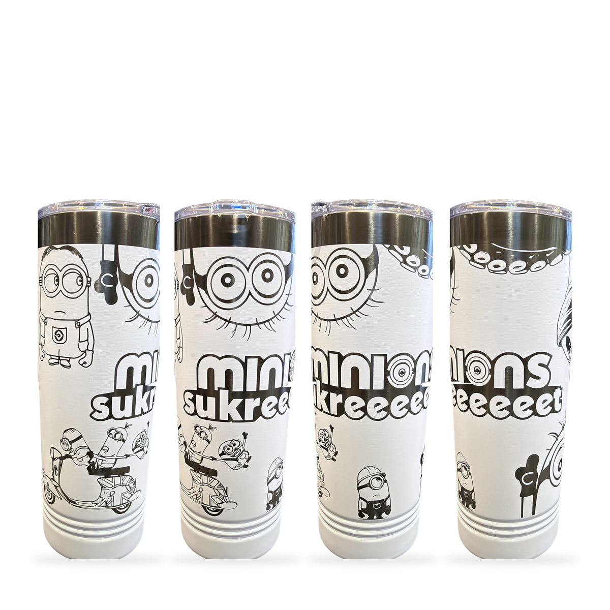 Four views of a white tumbler laser engraved with a full-wrap Minions design, shown on a white background