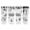Four views of a slim tumbler with a full-wrap laser engraving of mischievous Minions