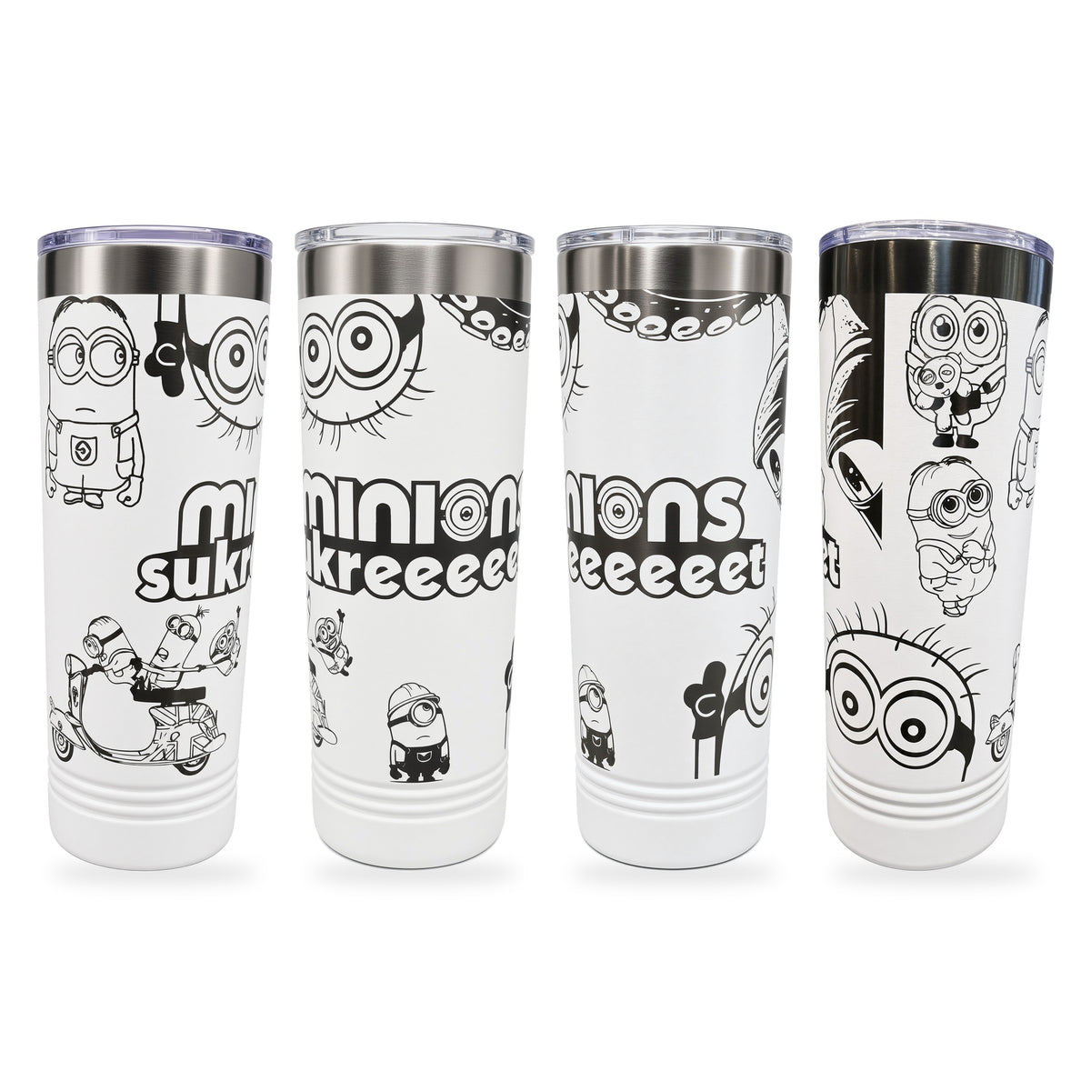 Four views of a slim tumbler with a full-wrap laser engraving of mischievous Minions