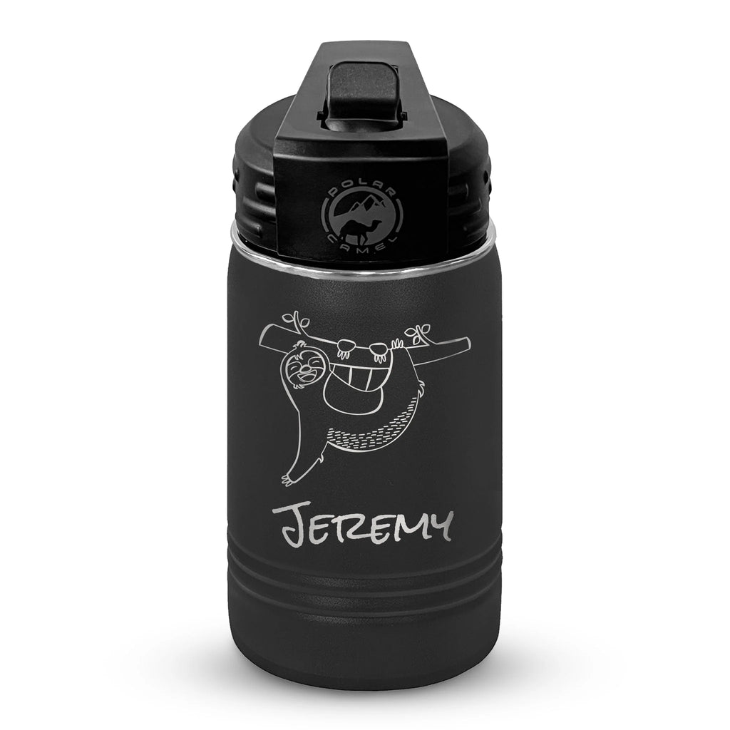 Personalized laser engraved Polar Camel 12oz Kids Water Bottle in Black, custom name gift