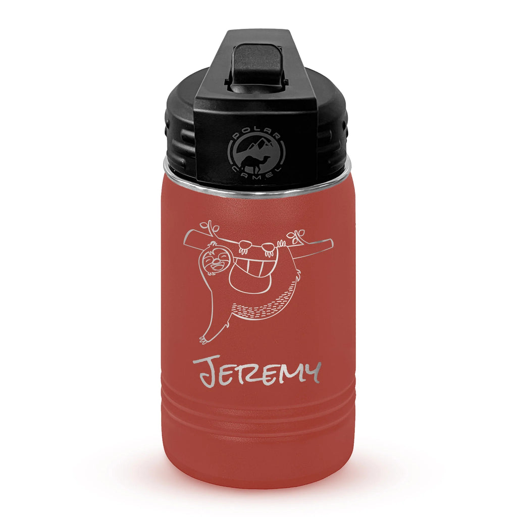 Personalized laser engraved Polar Camel 12oz Kids Water Bottle in Red, custom name gift