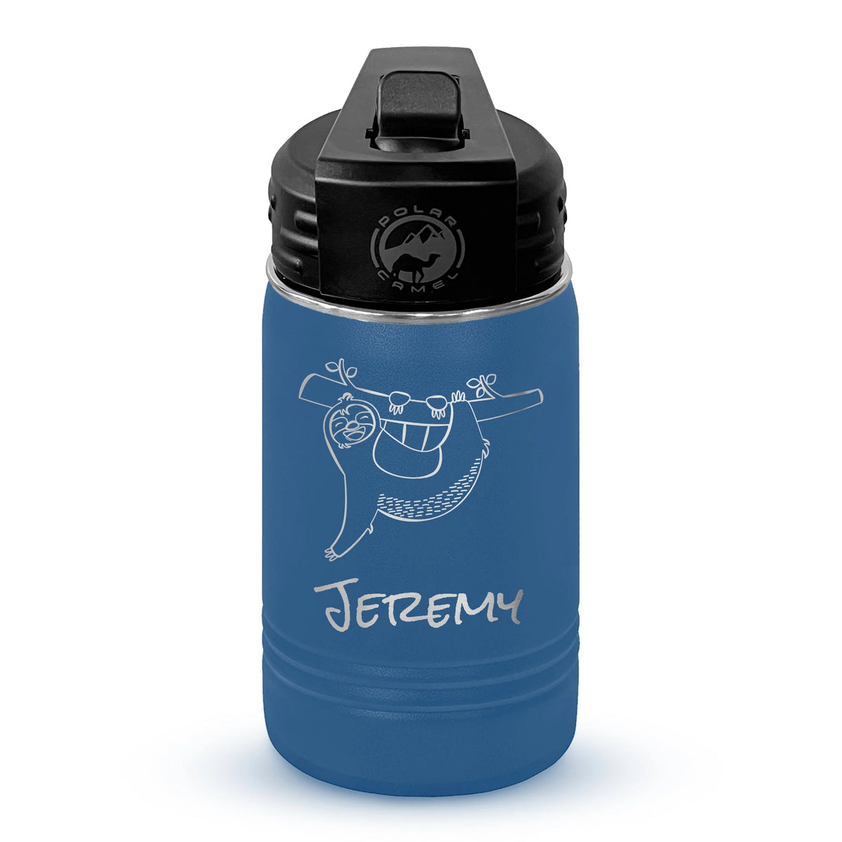 Personalized laser engraved Polar Camel 12oz Kids Water Bottle in Royal Blue, custom name gift