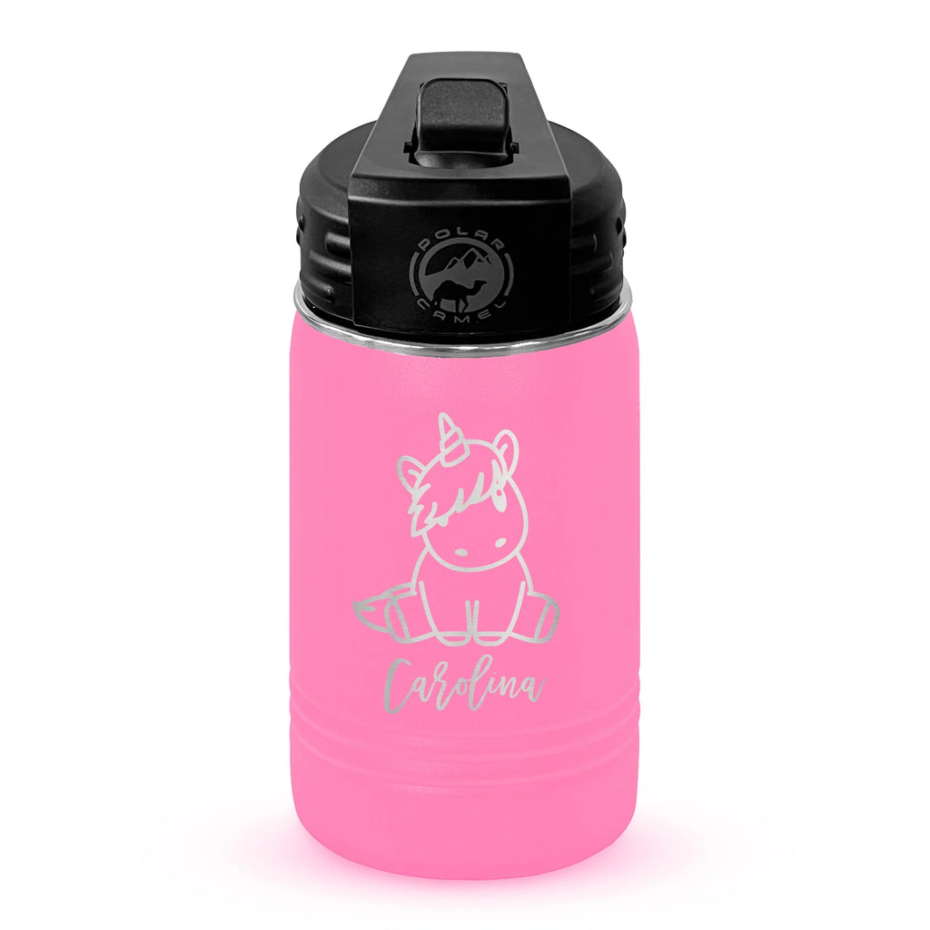 Personalized laser engraved Polar Camel 12oz Kids Water Bottle in Pink, custom name gift