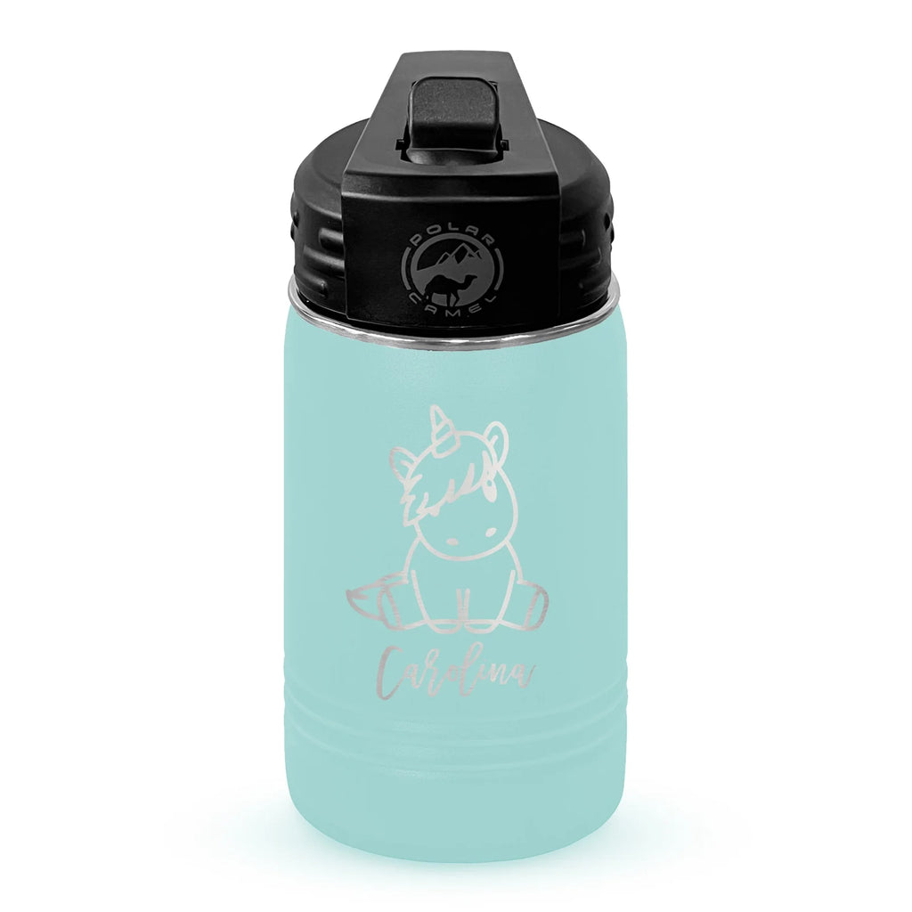 Personalized laser engraved Polar Camel 12oz Kids Water Bottle in teal, custom name gift