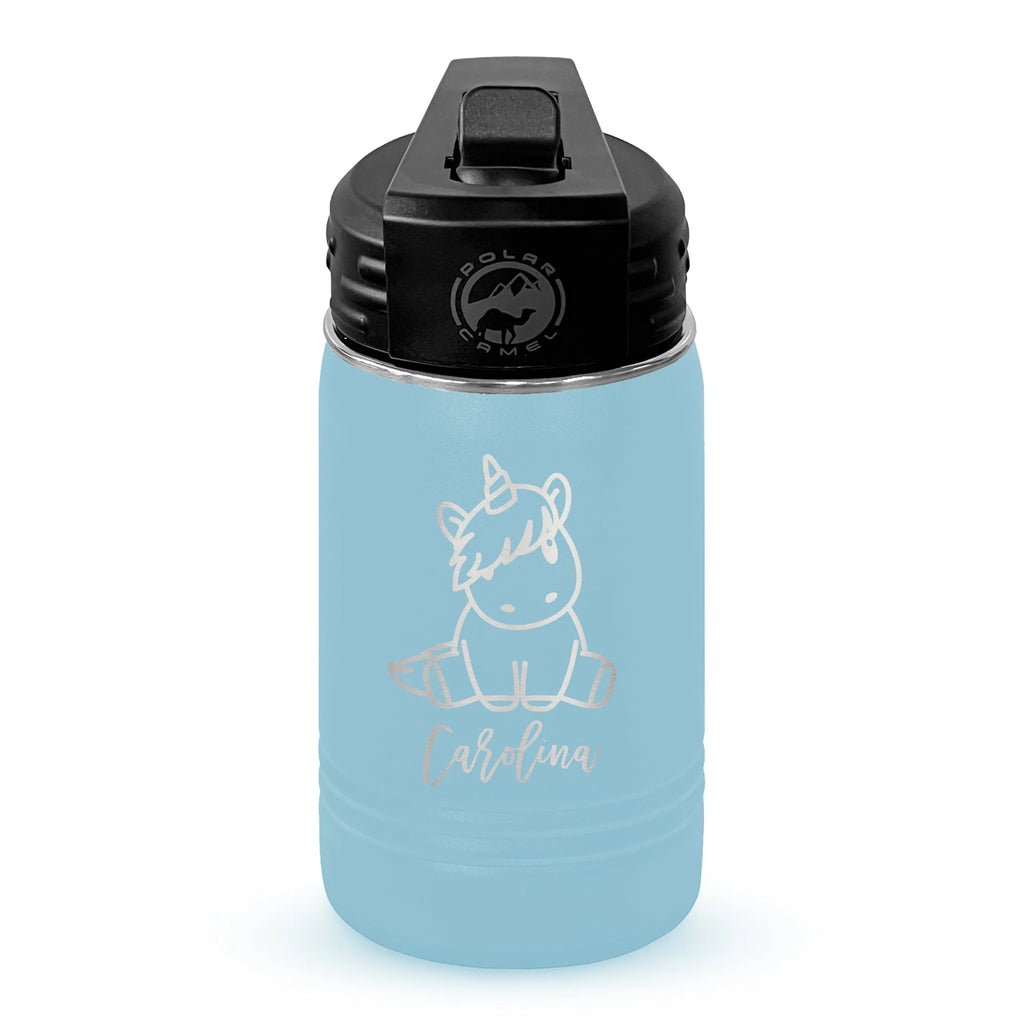 Personalized laser engraved Polar Camel 12oz Kids Water Bottle in Light Blue, custom name gift