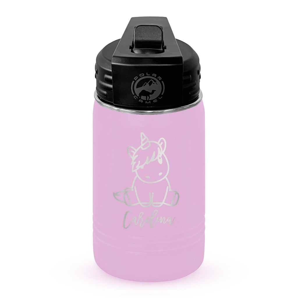 Personalized laser engraved Polar Camel 12oz Kids Water Bottle in Light Purple, custom name gift