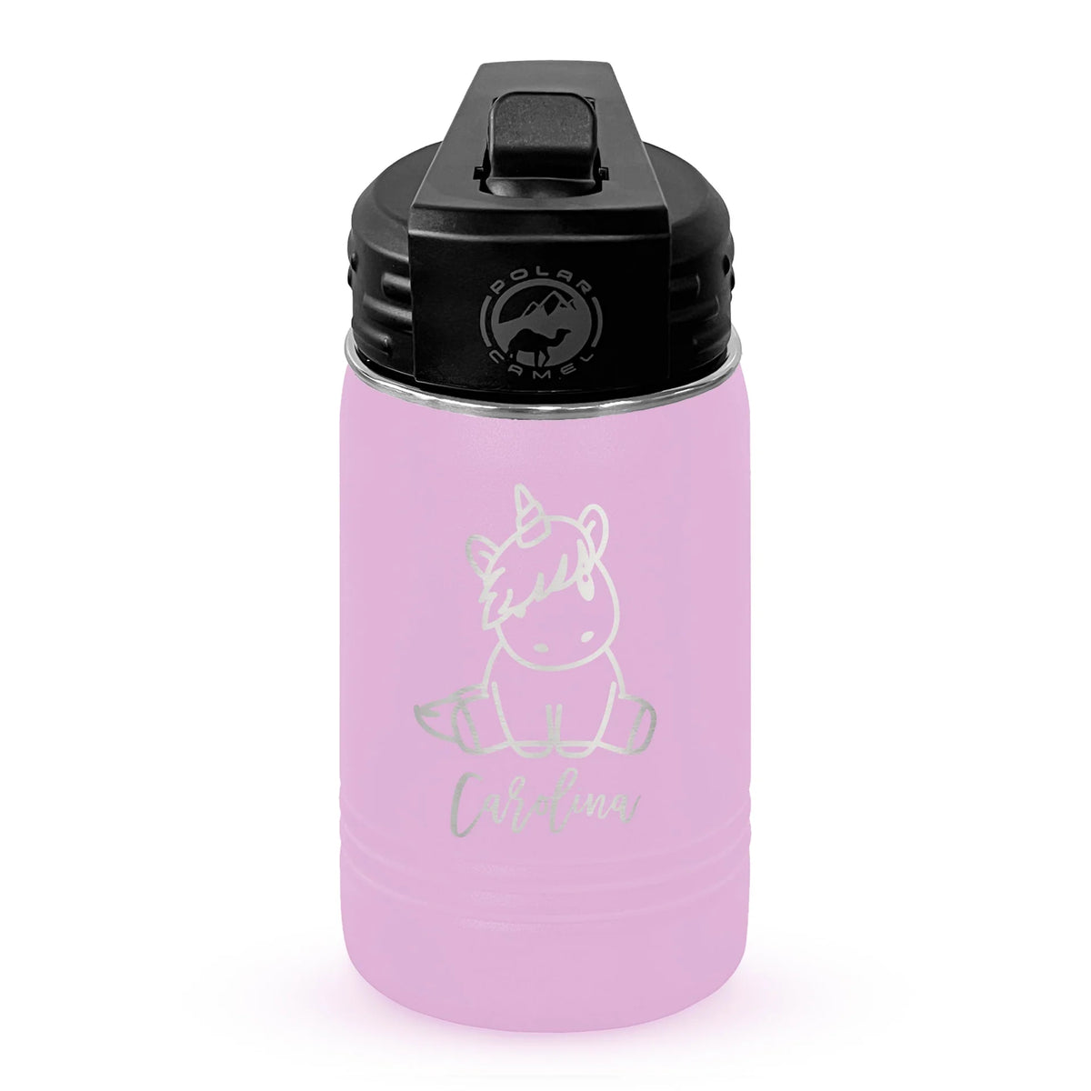 Personalized laser engraved Polar Camel 12oz Kids Water Bottle in Light Purple, custom name gift