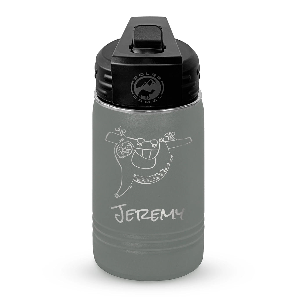 Personalized laser engraved Polar Camel 12oz Kids Water Bottle in Gray, custom name gift