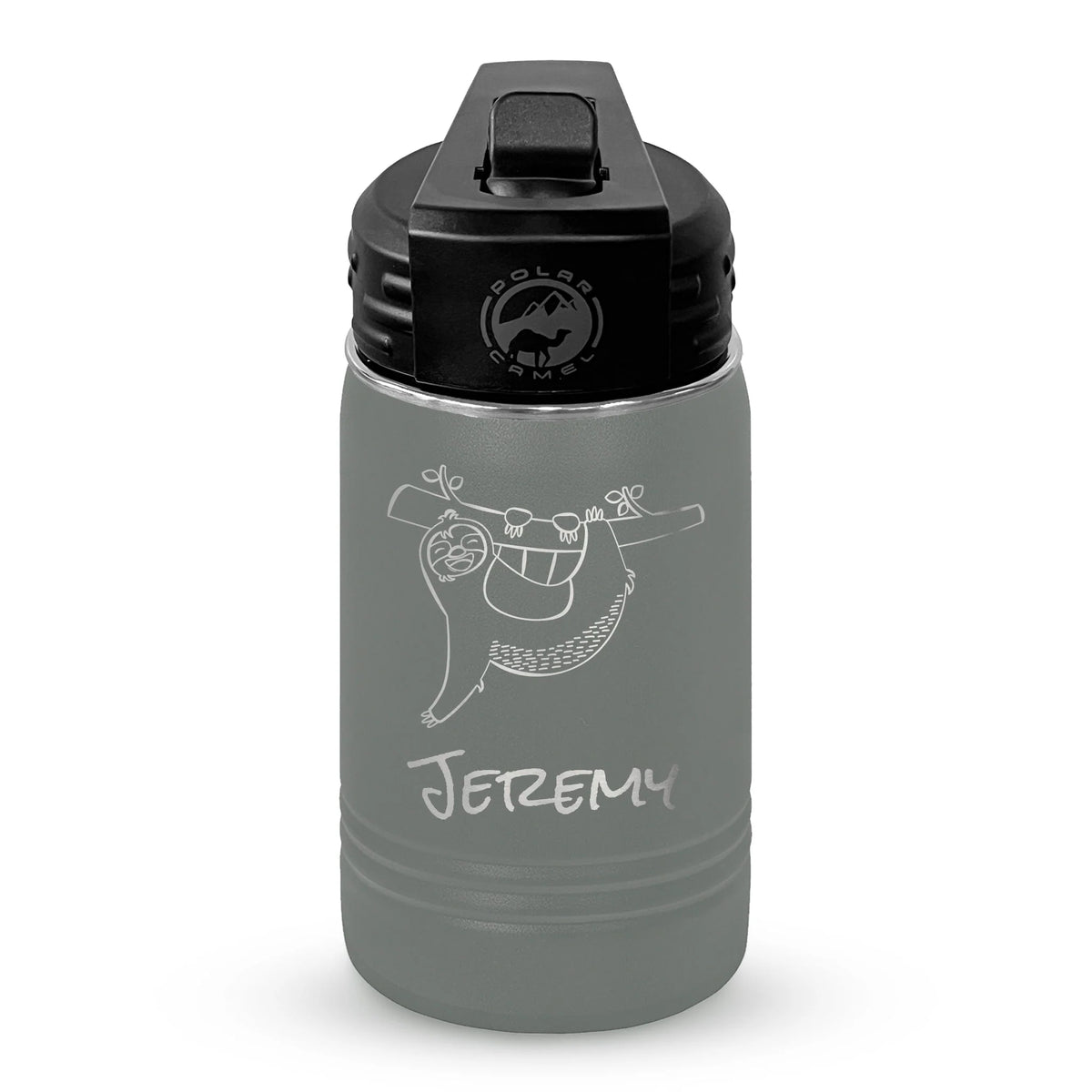 Personalized laser engraved Polar Camel 12oz Kids Water Bottle in Gray, custom name gift