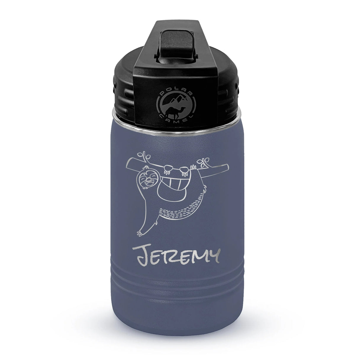 Personalized laser engraved Polar Camel 12oz Kids Water Bottle in Navy, custom name gift