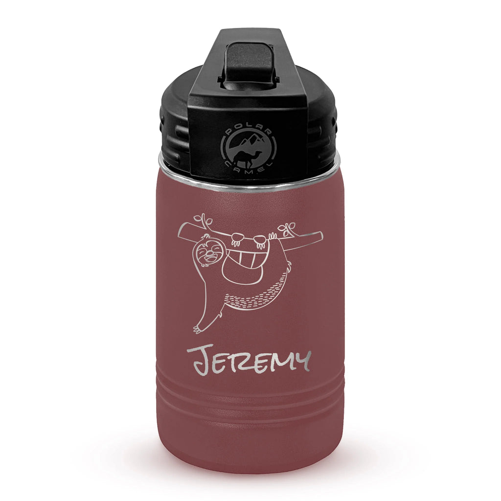 Personalized laser engraved Polar Camel 12oz Kids Water Bottle in Maroon, custom name gift