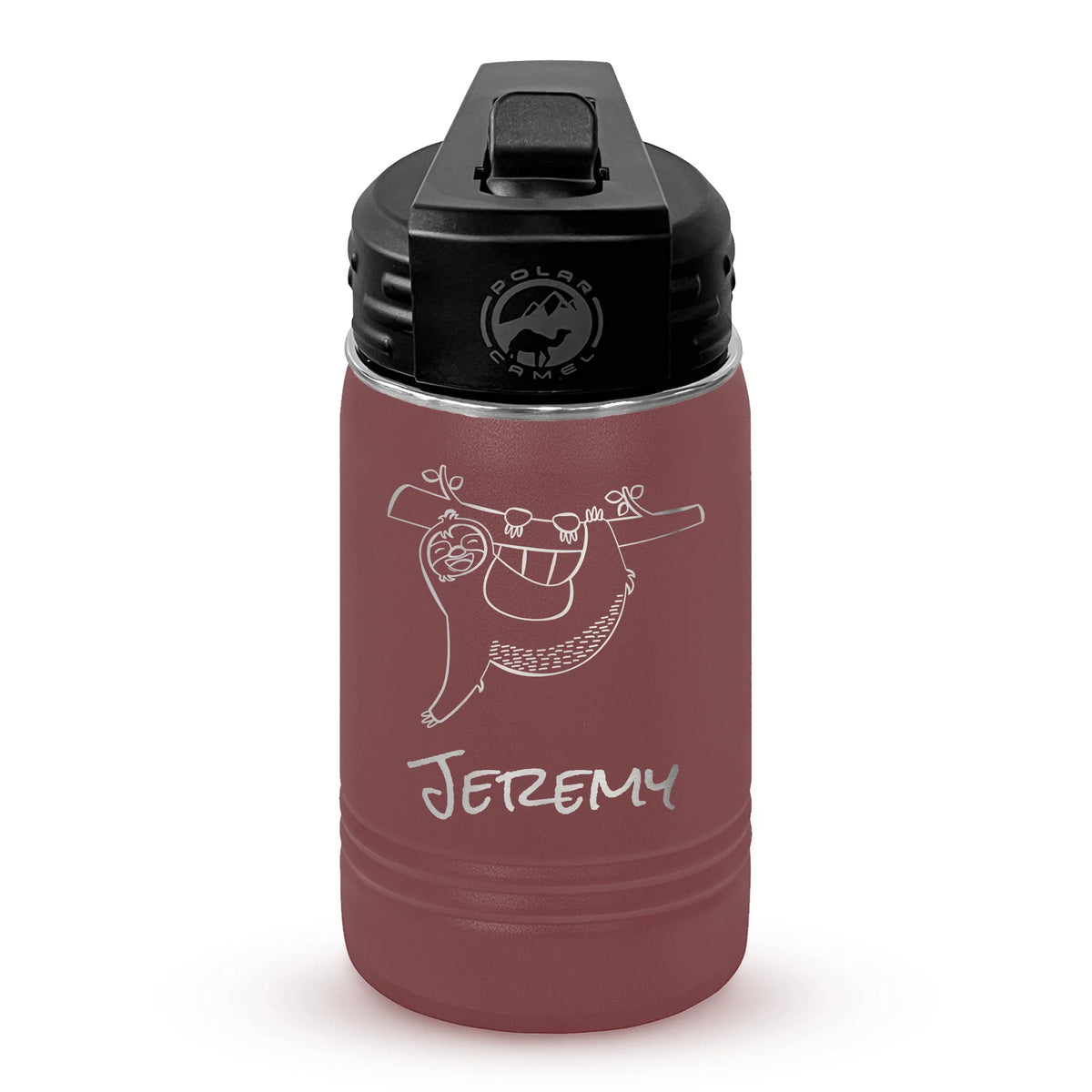 Personalized laser engraved Polar Camel 12oz Kids Water Bottle in Maroon, custom name gift
