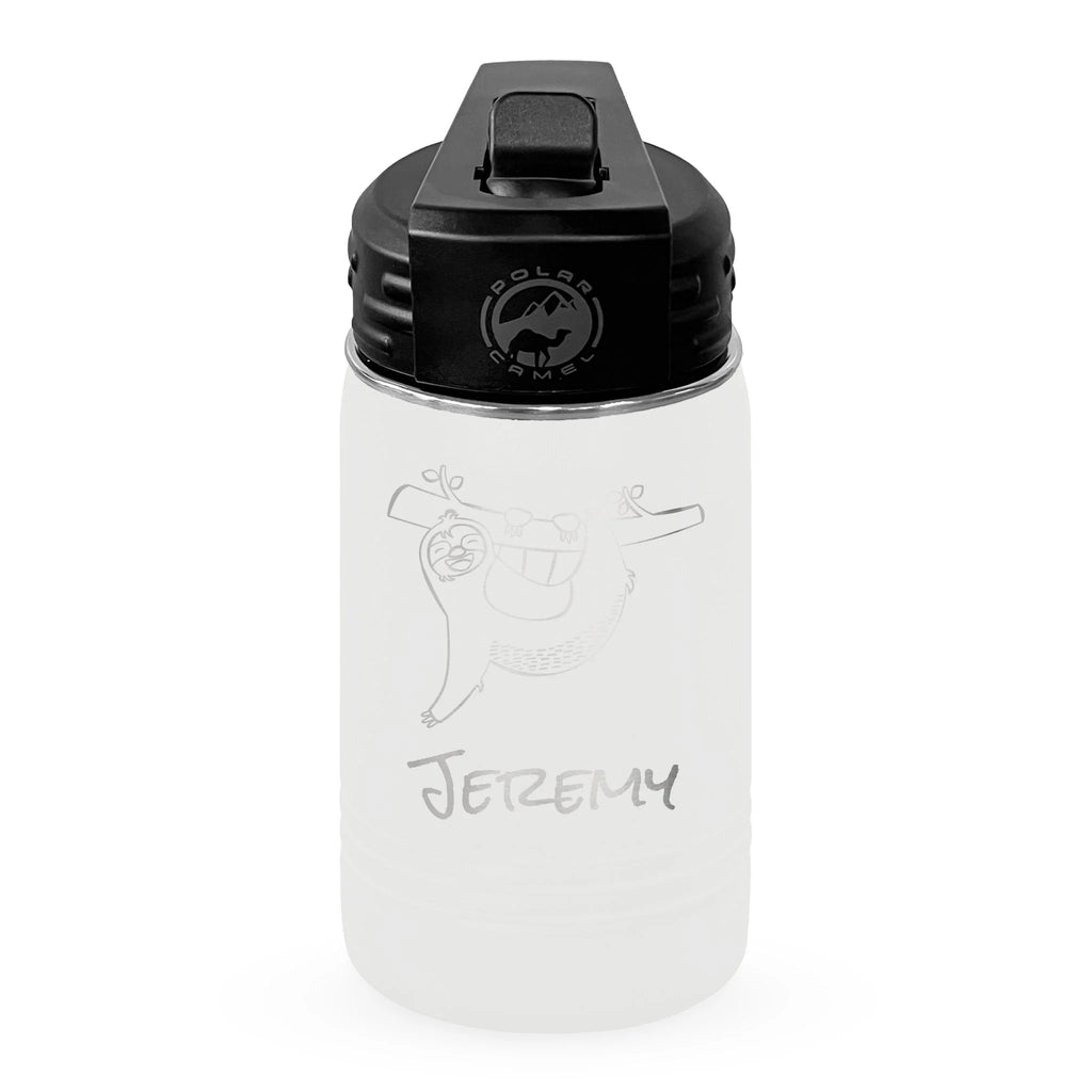 Personalized laser engraved Polar Camel 12oz Kids Water Bottle in White, custom name gift