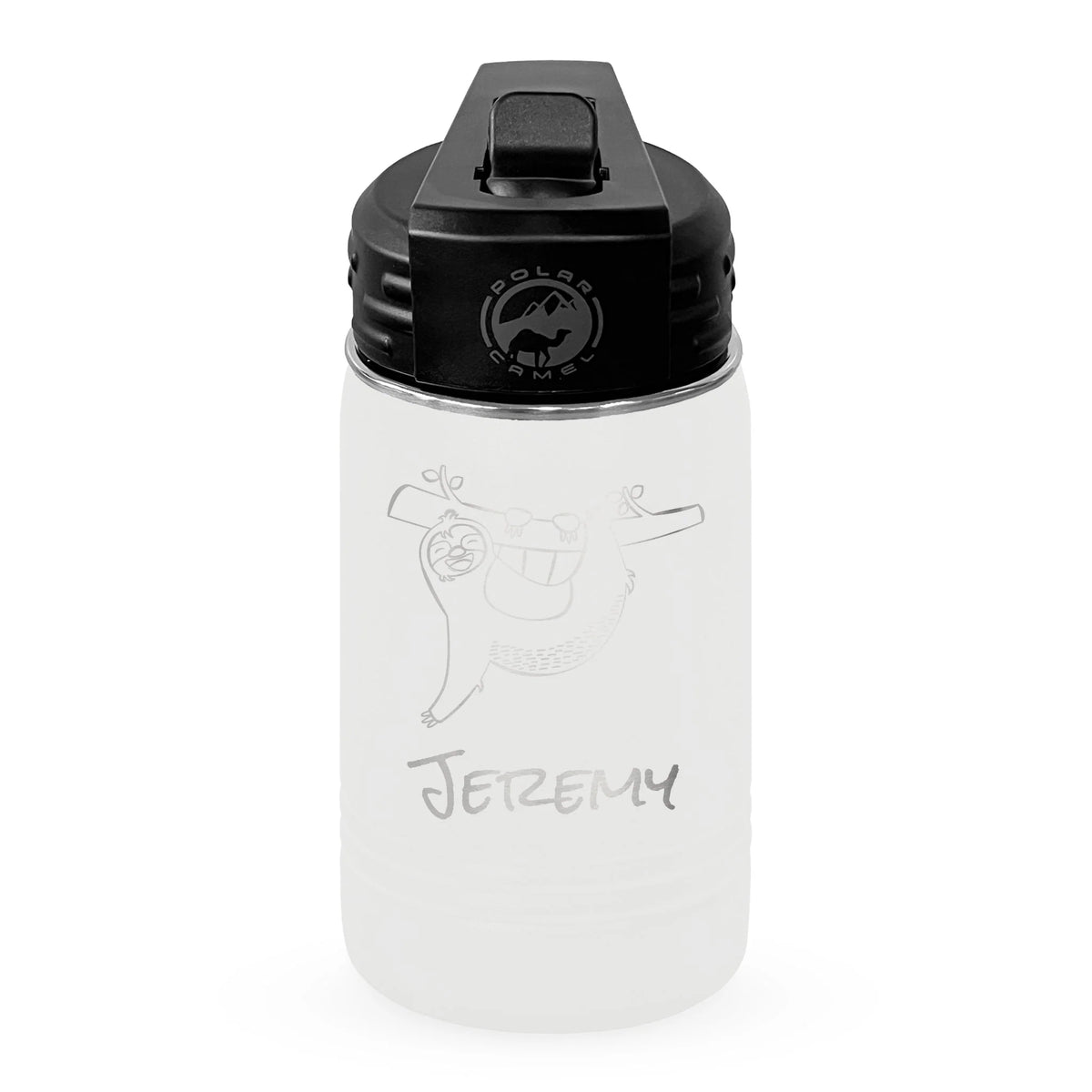 Personalized laser engraved Polar Camel 12oz Kids Water Bottle in White, custom name gift