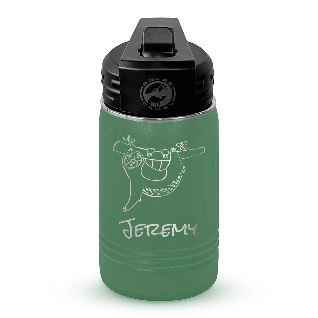 Personalized laser engraved Polar Camel 12oz Kids Water Bottle in Green, custom name gift