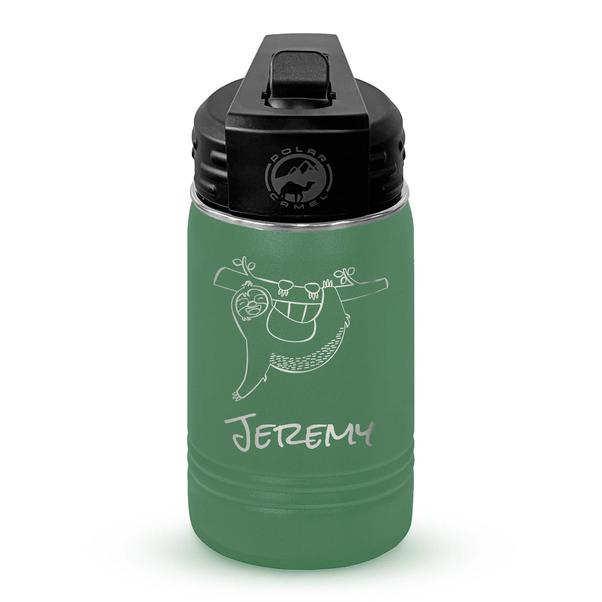 Personalized laser engraved Polar Camel 12oz Kids Water Bottle in Green, custom name gift