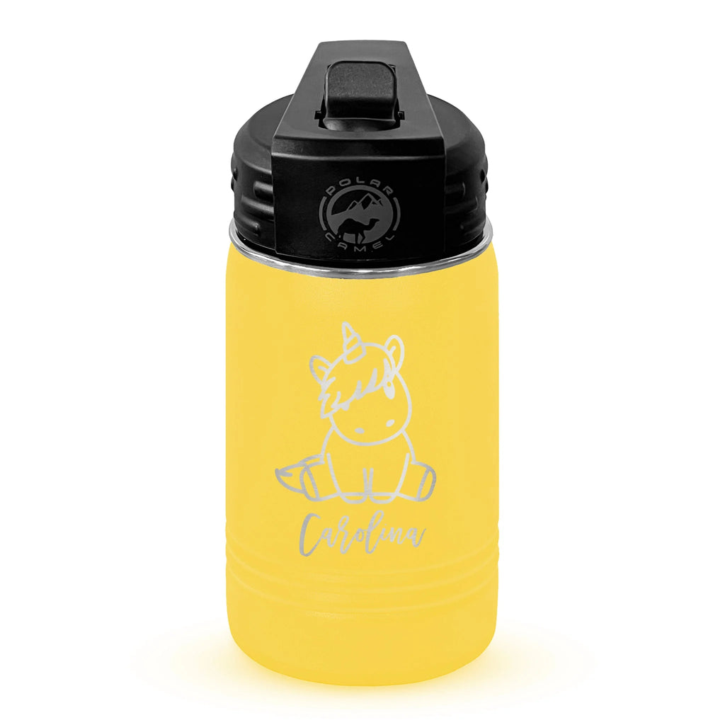 Personalized laser engraved Polar Camel 12oz Kids Water Bottle in Yellow, custom name gift