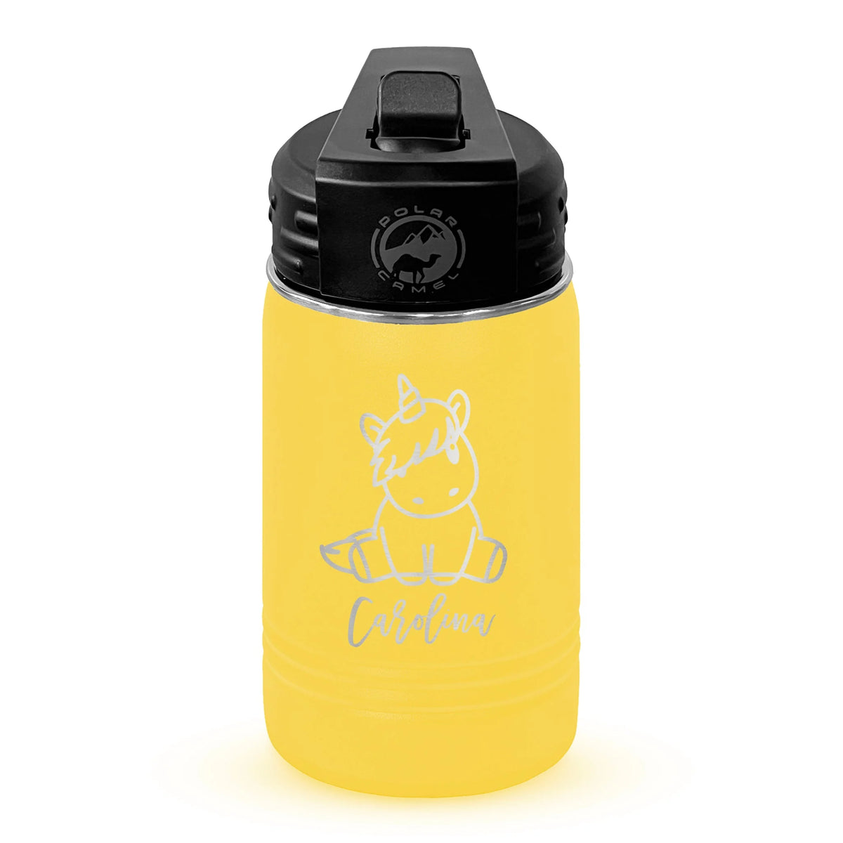Personalized laser engraved Polar Camel 12oz Kids Water Bottle in Yellow, custom name gift