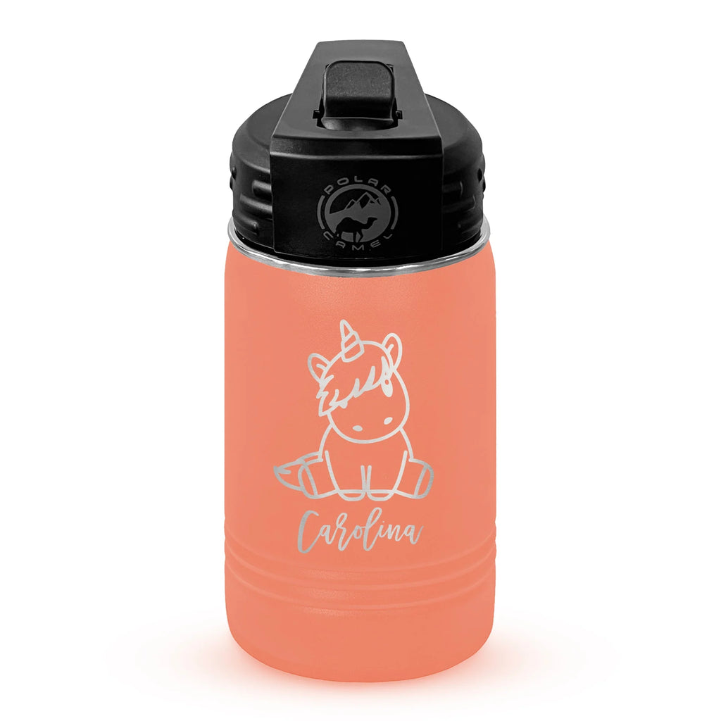 Personalized laser engraved Polar Camel 12oz Kids Water Bottle in Coral, custom name gift