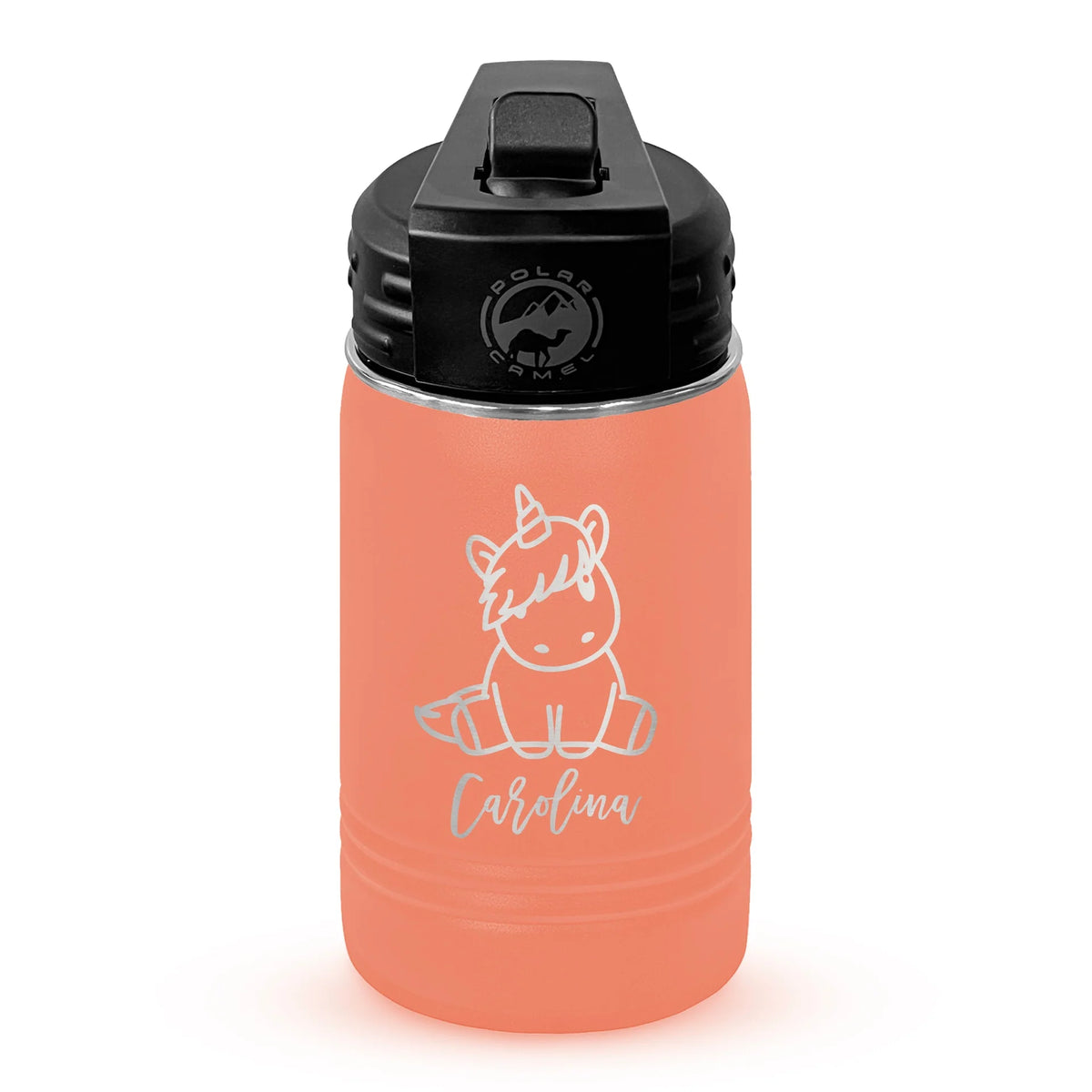 Personalized laser engraved Polar Camel 12oz Kids Water Bottle in Coral, custom name gift