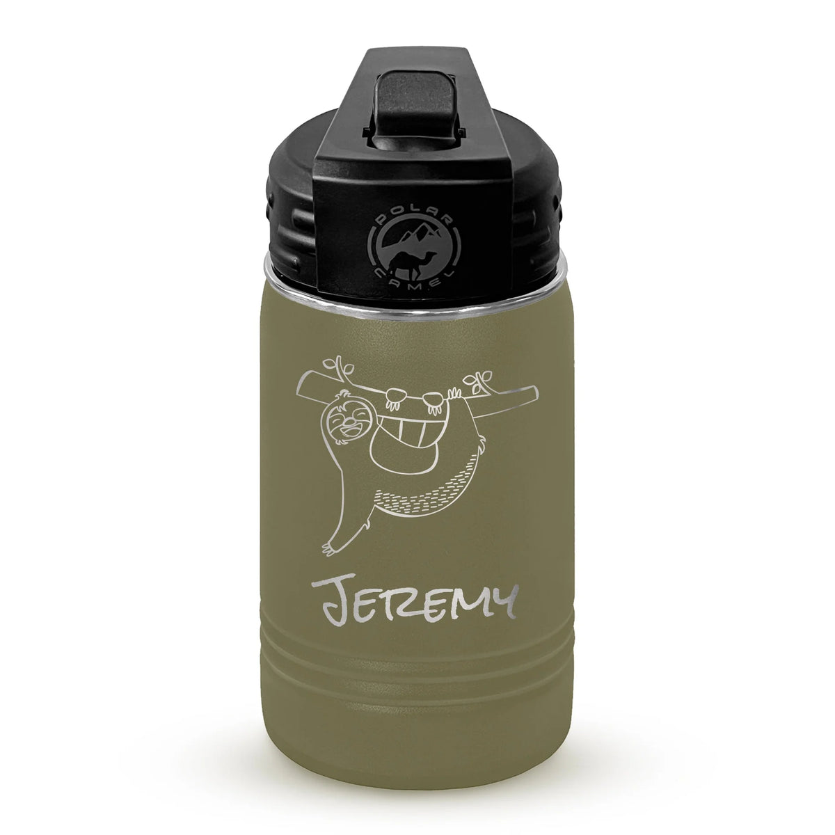 Personalized laser engraved Polar Camel 12oz Kids Water Bottle in Olive Green, custom name gift