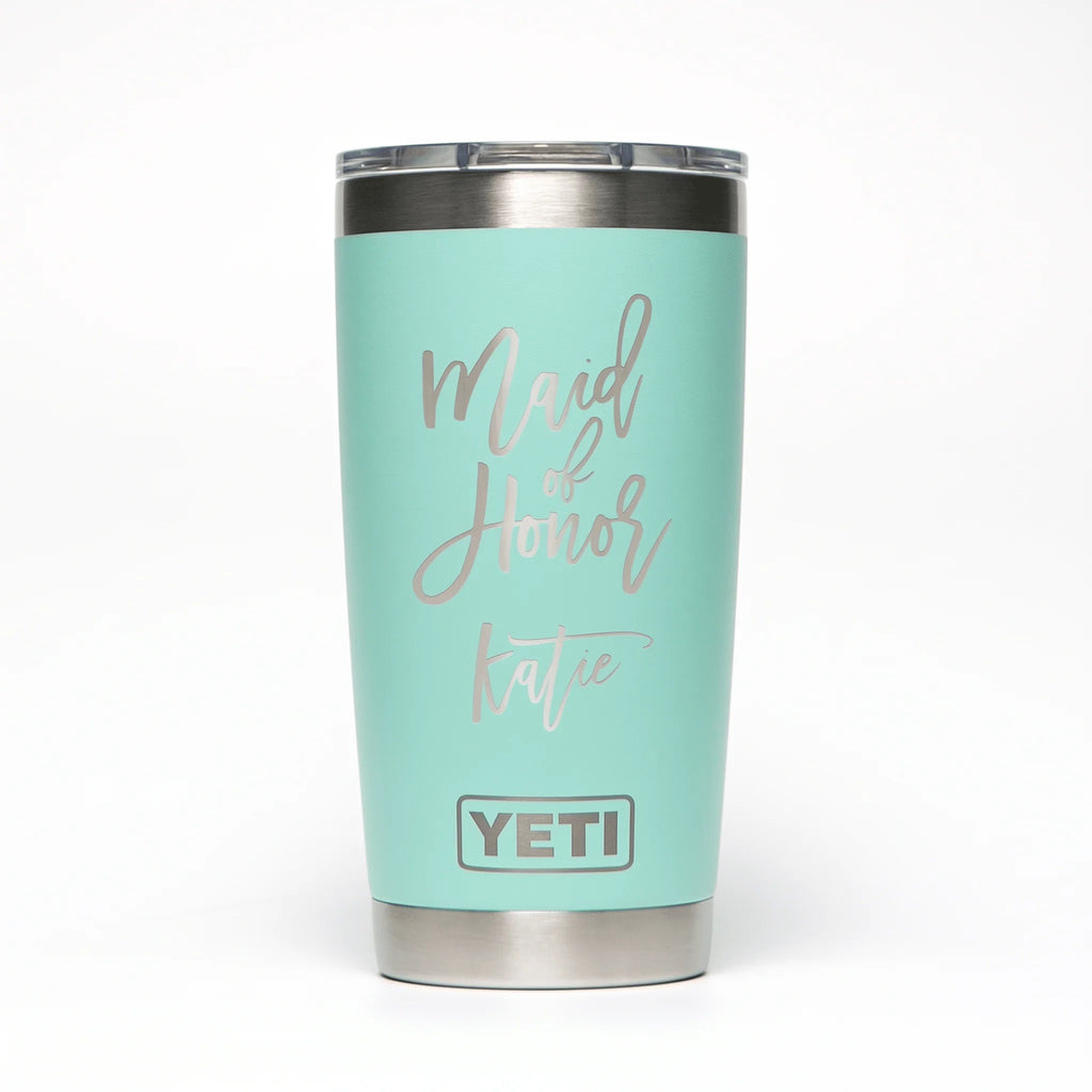 Personalized laser engraved YETI 20oz Rambler Tumbler in Seafoam, custom name gift