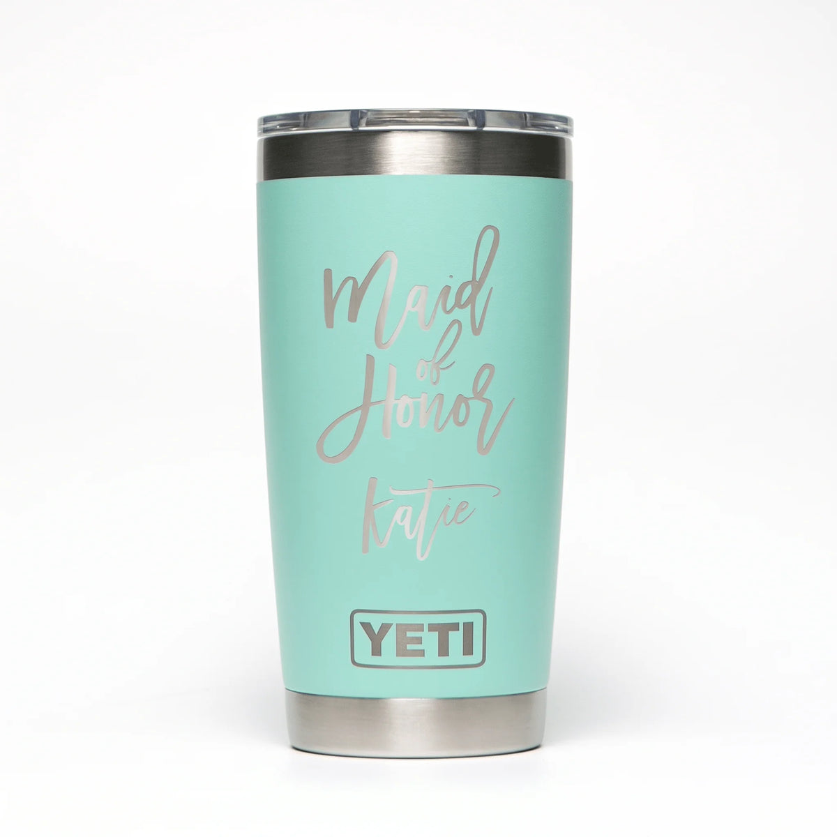 Personalized laser engraved YETI 20oz Rambler Tumbler in Seafoam, custom name gift