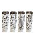 Four views of a white tumbler laser engraved with a full-wrap Spider-Man and Venom city design, shown on a white background