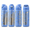 Blue tumbler laser engraved with a full-wrap Spooky Season ghost design, on a white background
