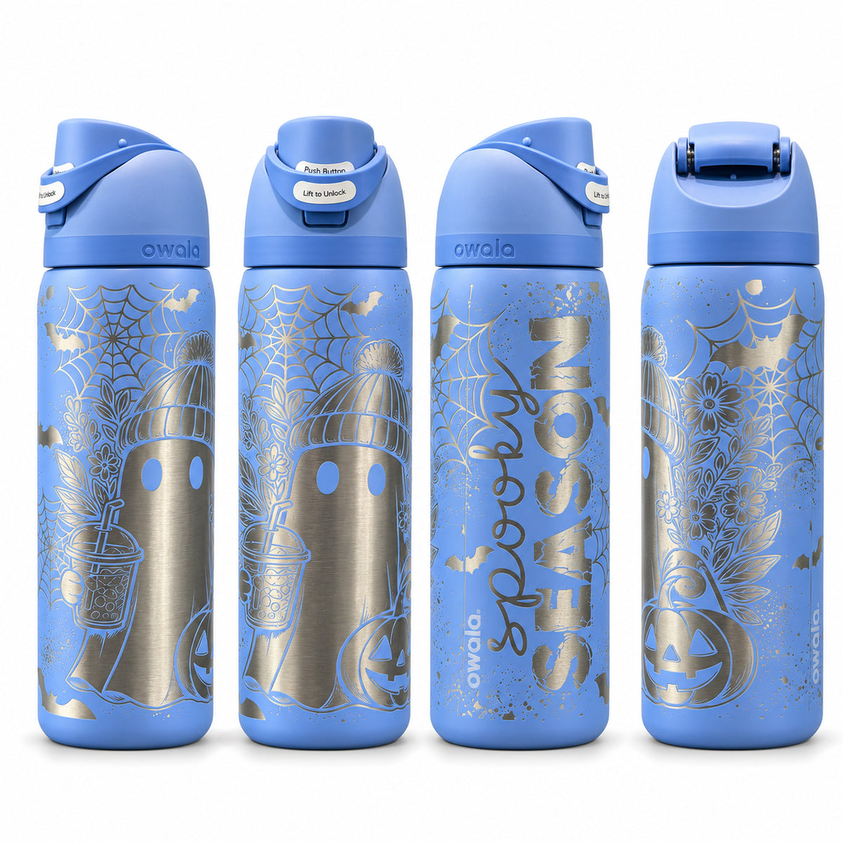 Blue tumbler laser engraved with a full-wrap Spooky Season ghost design, on a white background