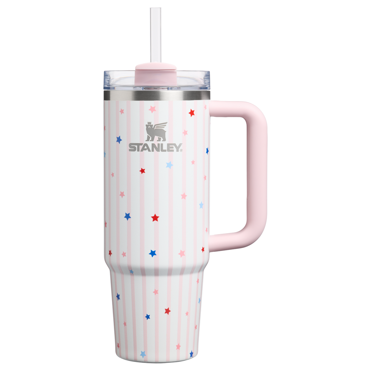 Personalized laser engraved Stanley 30oz Quencher H2.0 Tumbler in Pink Starry Stripes, custom name gift