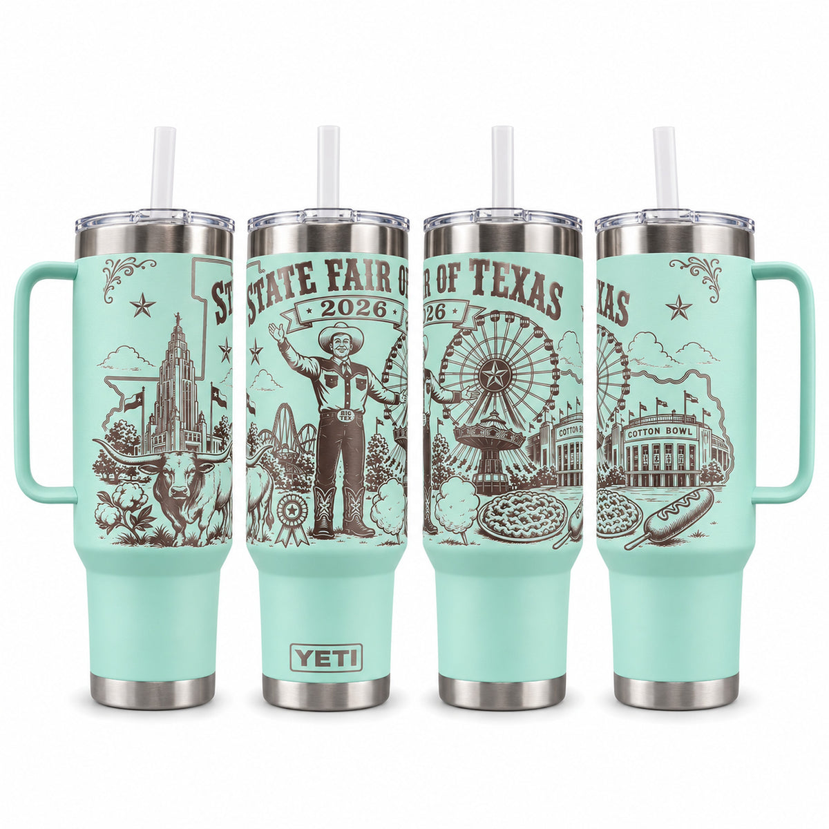 Seafoam tumbler laser engraved with a full-wrap State Fair of Texas 2026 design, on a white background
