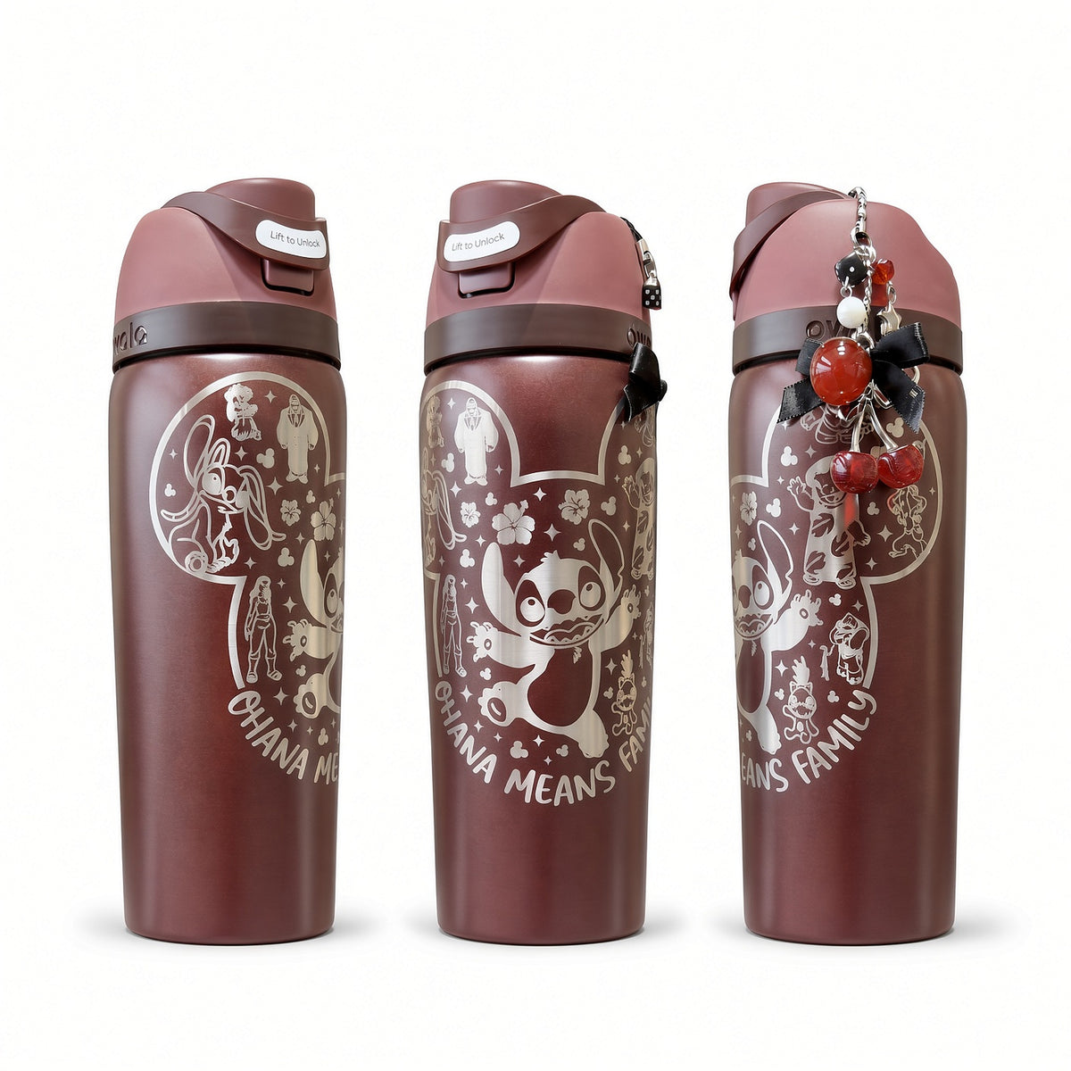 Three views of a black cherry bottle laser engraved in silver with a Stitch Ohana Means Family Mickey-head design, shown on a white background