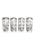 Four views of a white tumbler laser engraved in silver with a full-wrap Texas Landmarks design featuring the Alamo, a longhorn and the Capitol, shown on a white background