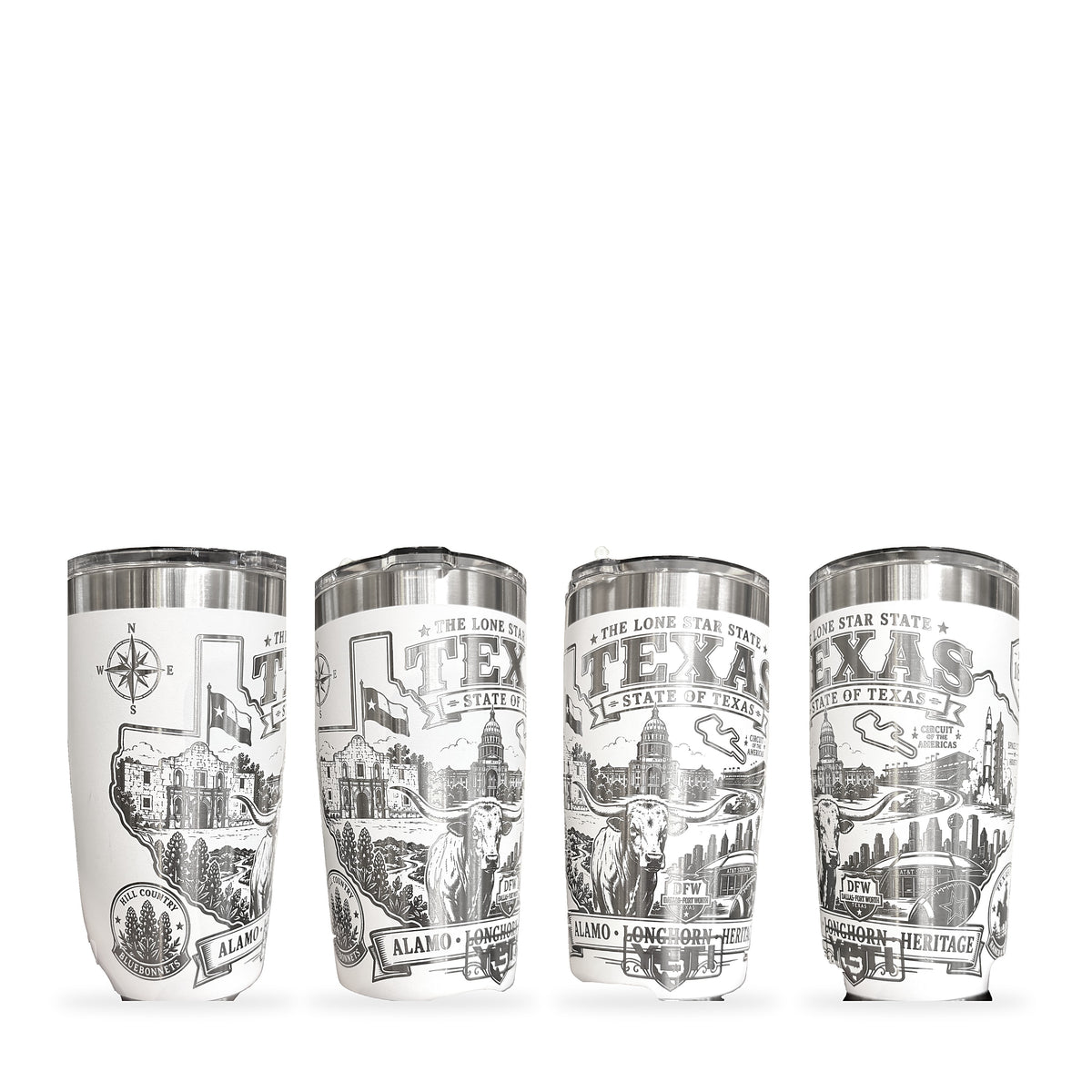 Four views of a white tumbler laser engraved in silver with a full-wrap Texas Landmarks design featuring the Alamo, a longhorn and the Capitol, shown on a white background