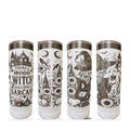 Four views (front, right, back, left) of the Witchy Mood Halloween full-wrap laser engraved white tumbler on a white background