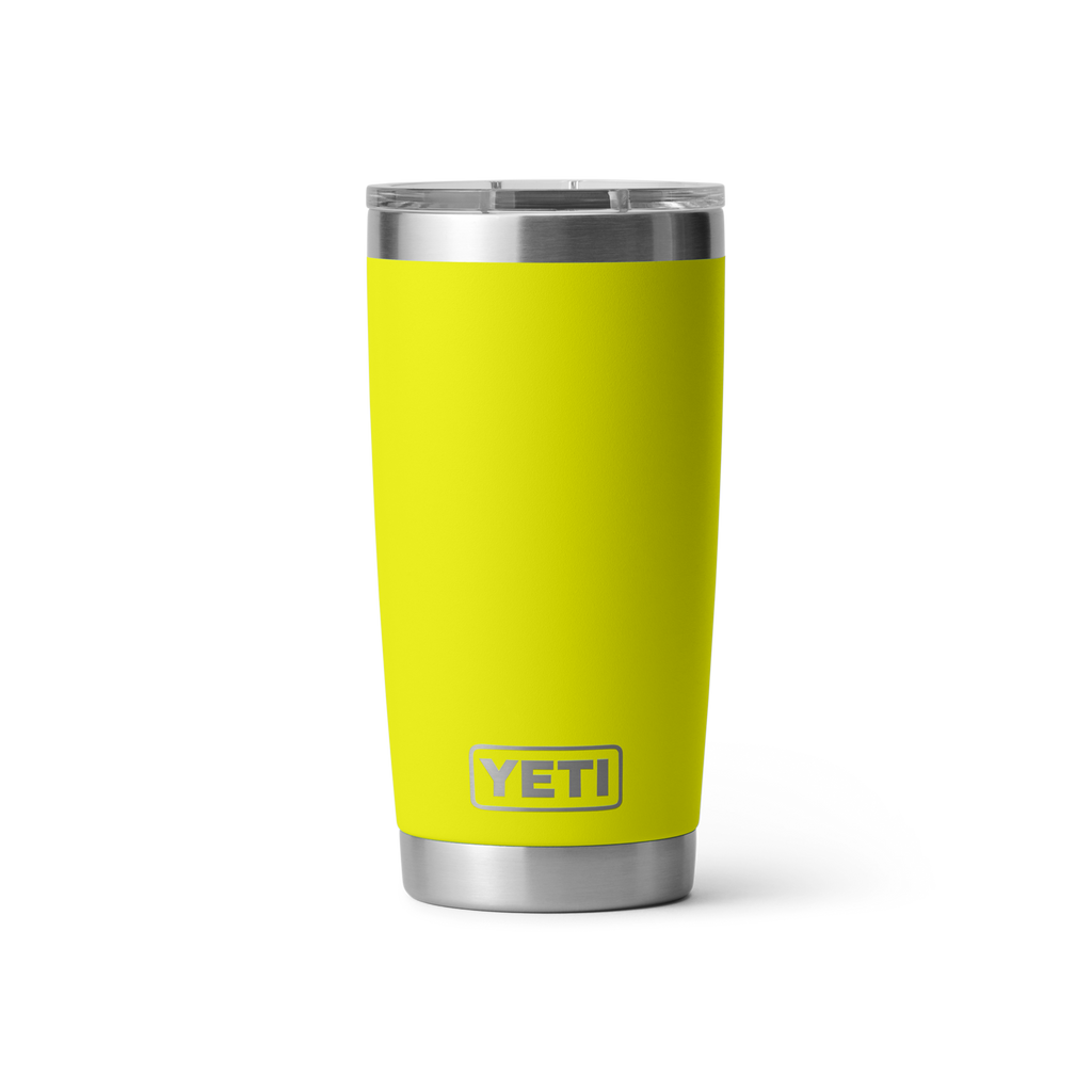 Personalized laser engraved YETI 20oz Rambler Tumbler in Firefly Yellow, custom name gift